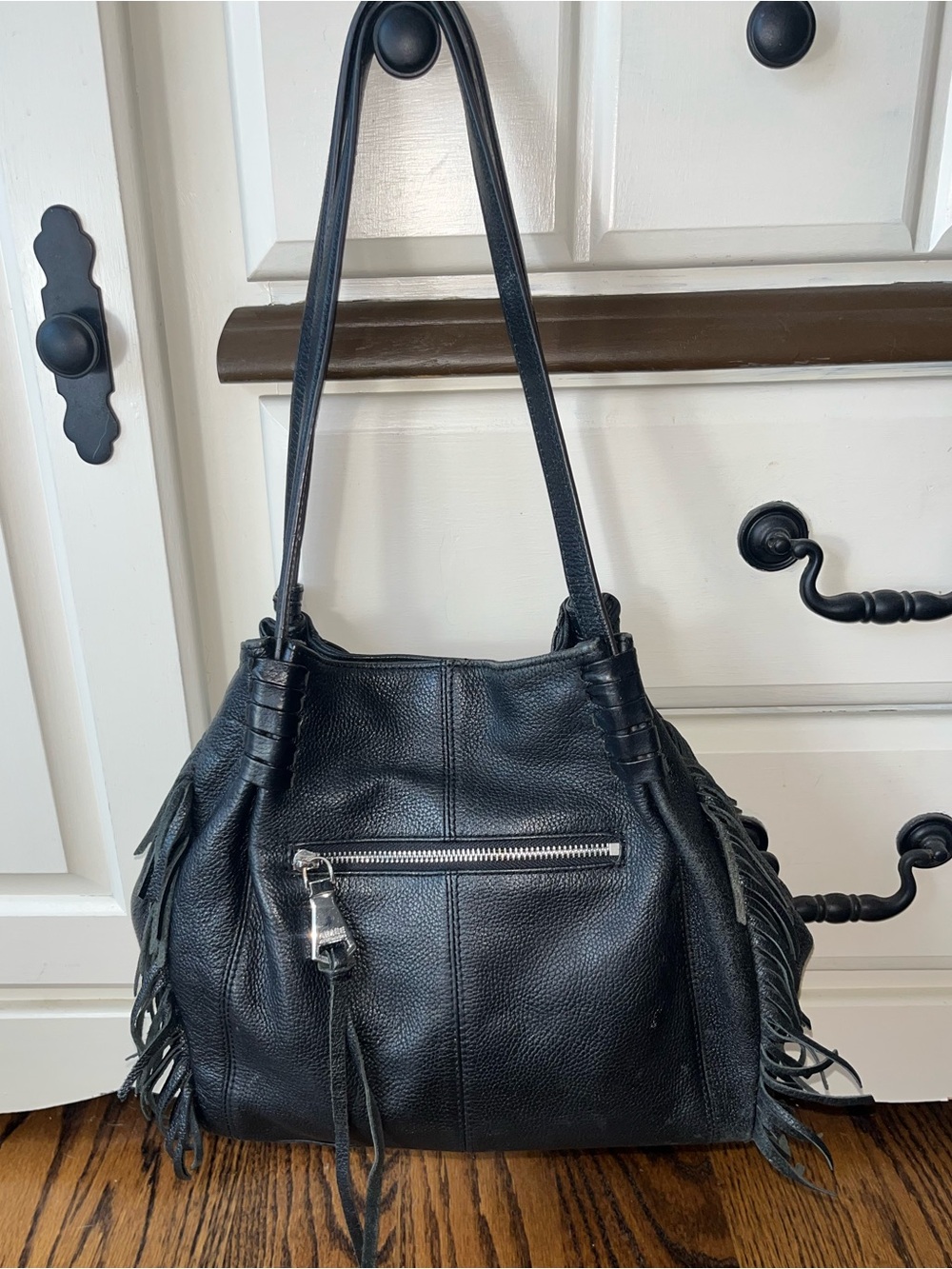 Aimee Kestenberg Black Fringe Pebbled Leather Double Handle Shoulder Bag - Picture 6 of 10